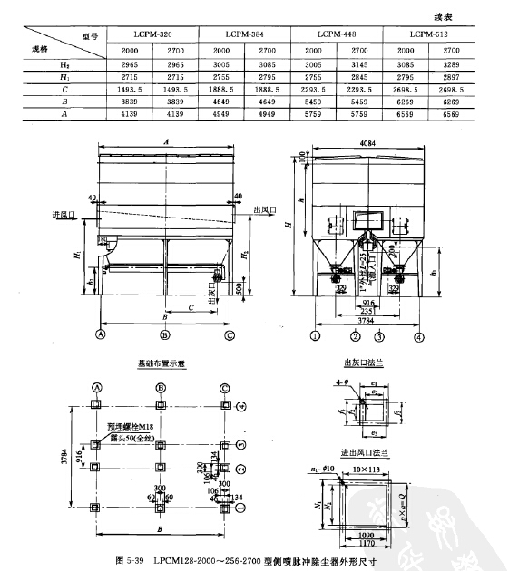LPCM128-2000~256-2700型側噴脈沖除塵器外形尺寸